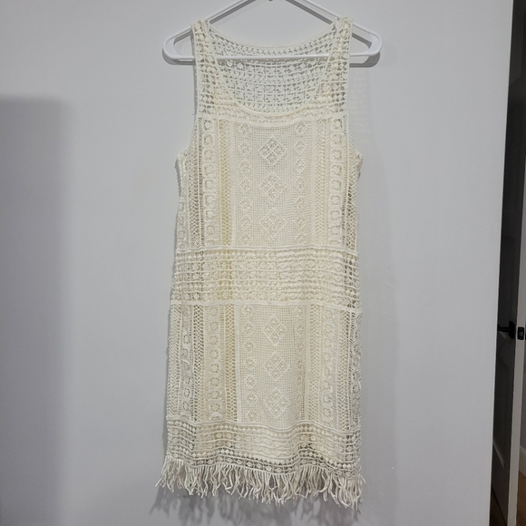 NWOT Ralph Lauren Ivory Crochet Overlay Fringe Hem Shift Dress Size XS - Picture 2 of 9